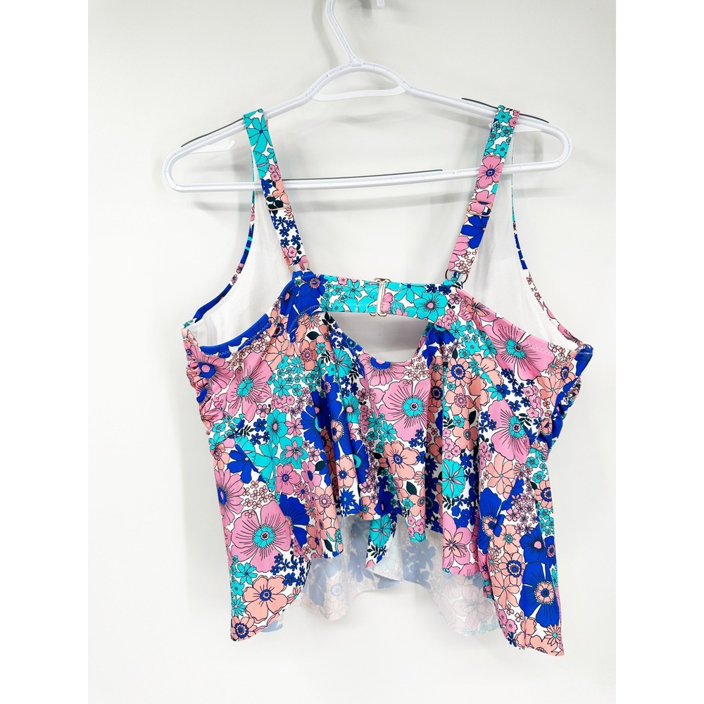Raisins Topanga Tankini Top 18W Blue Pink Floral Retro Ruffle Swimsuit - Picture 3 of 4